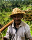 man in grey polo shirt carrying baskets